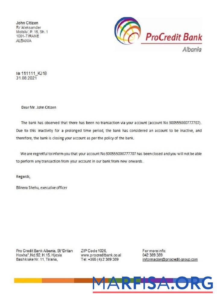 Blank Albania Procredit closure reference example